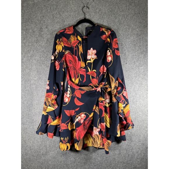 C/ MEO Dress Women Small Gossamer Navy Blue Floral Print Long Sleeve Wrap‎ Mini - Picture 2 of 9